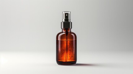 Fototapeta premium Amber Glass Spray Bottle With Black Pump on White Background