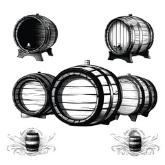 Barrel and Bottles Set in Old Engrave Style