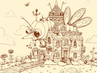 Obraz premium Large fantastic beetle with a city on its back. Generative ai raster.
