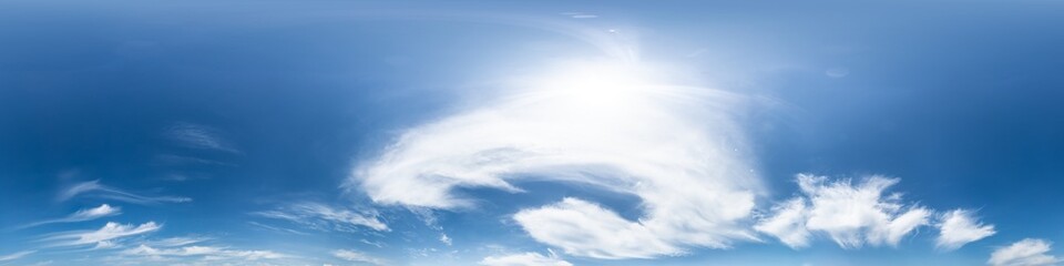 Obraz premium Sky 360 panorama - Bright blue sky filled with fluffy white Cirrus clouds. Seamless hdr spherical 360 panorama. Sky dome sky replacement for aerial drone 360 panoramas. Weather and climate change