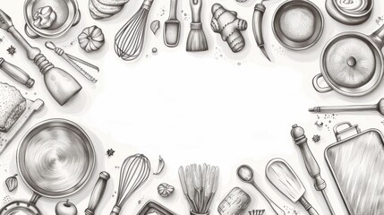 Assorted kitchen utensils and cookware on a white background, comprehensive collection featuring pots, pans, whisks, spatulas, and measuring spoons for culinary preparation and cooking