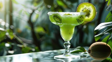 Refreshing green kiwi cocktail with ice, garnished
