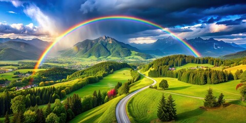 Obraz premium Vibrant rainbow stretching over the picturesque Alps, with green meadows and winding roads below, Rainbow, Alps, mountains