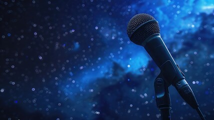 Black microphone on stand against starry night sky