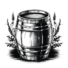 Barrel with Grapes and Leaves in Old Engrave Style