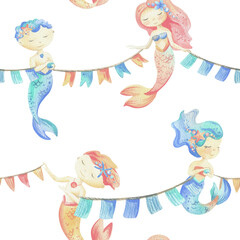Mermaids is a little girl and boy with flags garland festive. Watercolor illustration hand drawn with pastel colors turquoise, blue, coral, pink. Seamless pattern on a white background © NATASHA-CHU