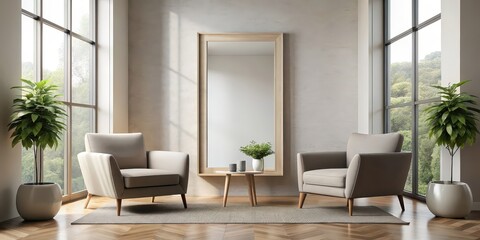 Fototapeta premium Two stylish armchairs facing a mirror in a minimalist room with neutral colors and large windows , stylish, armchairs, mirror