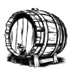 Barrel with Tap on Wooden Stand in Old Engrave Style