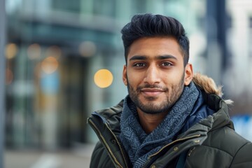 Portrait of a satisfied indian man in his 20s wearing a warm parka isolated in sophisticated corporate office background