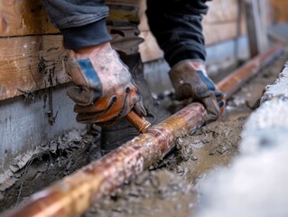 Close-up of a Plumber's Hands Working on a Copper Pipe in a Trench.
