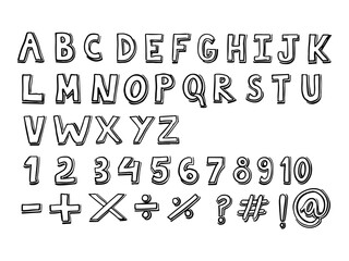 Hand drawn alphabet and numbers doodle style design set