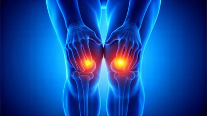 Illustration of a human knee with an X-ray, highlighting the bones and joints