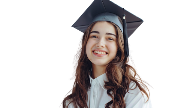 Happy and excited portrait of young student girl in hat of graduation isolated transparent on white.