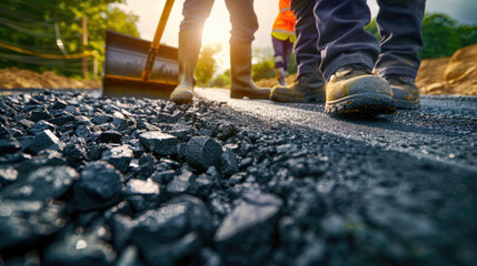 Naklejka premium Road Construction Workers Smoothing Hot Asphalt
