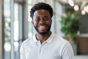 Obraz premium Portrait of a grinning afro-american man in his 20s wearing a breathable golf polo isolated in sophisticated corporate office background