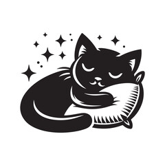 A Cat Sleeping with Pillow vector. Sleeping cat. Silhouettes of black cats. Vector illustration