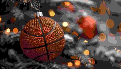 Basketball Christmas Ornament for a Christmas tree, Christmas tree decorated with a basketball ornament for sports fans, 4K, 16:9
