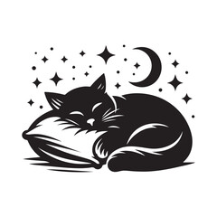 A Cat Sleeping with Pillow vector. Sleeping cat. Silhouettes of black cats. Vector illustration