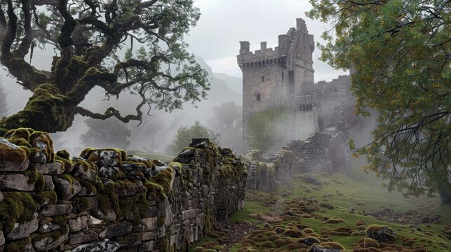 A medieval Scottish castle with rugged stone walls and a towering keep, set amidst mist-covered moors and ancient oak forests.