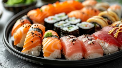a black plate of sushi with different pieces of sushi on it, front view, white background 