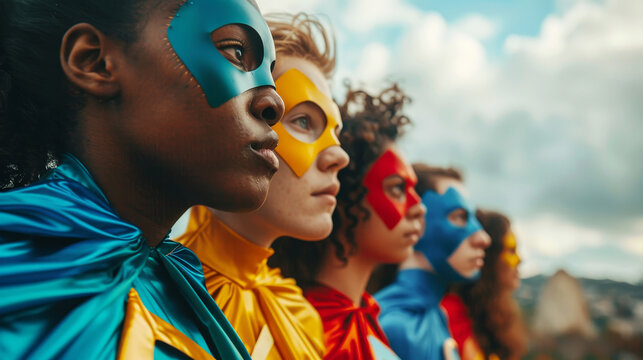 Diverse group of young adults in colorful superhero cloaks posing heroically outdoors - Powered by Adobe