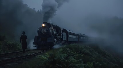 Obraz premium A conceptual travel service uses enchanted steam trains that run on supernatural energy