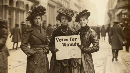 Historic black and white image of three women advocating for women's right to vote