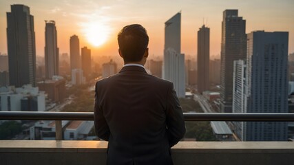 Businessman looking and enjoying the sunset view from balcony with busy urban downtown with loneliness for solitude, business, inspiration and dreaming of freedom lifestyle concept. AI Generative.