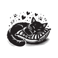 A Cat Sleeping with Pillow vector. Sleeping cat. Silhouettes of black cats. Vector illustration