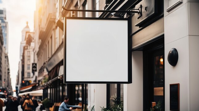 Blank storefront square sign in urban setting, hangs prominently on the exterior of a modern building. For showcasing logos, advertisements, or business names