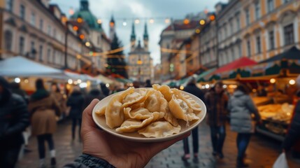 Fototapeta premium Hand holding a plate of pierogi in a festive street market in Krakow, with historic buildings and bustling crowds in the background.