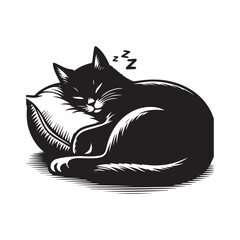 A Cat Sleeping with Pillow vector. Sleeping cat. Silhouettes of black cats. Vector illustration