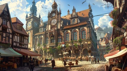 Fototapeta premium A medieval town hall with a clock tower and ornate gables, surrounded by a cobblestone square bustling with market stalls and street performers.