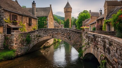 Fototapeta premium A medieval stone bridge spanning a narrow river, flanked by ancient stone towers and quaint riverside cottages with thatched roofs.