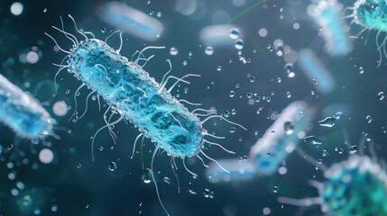 Close-Up of Vibrant Blue Bacteria with Stem and Water Droplets