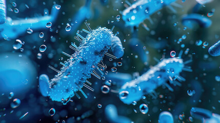 Obraz premium Close-Up of Vibrant Blue Bacteria with Stem and Water Droplets