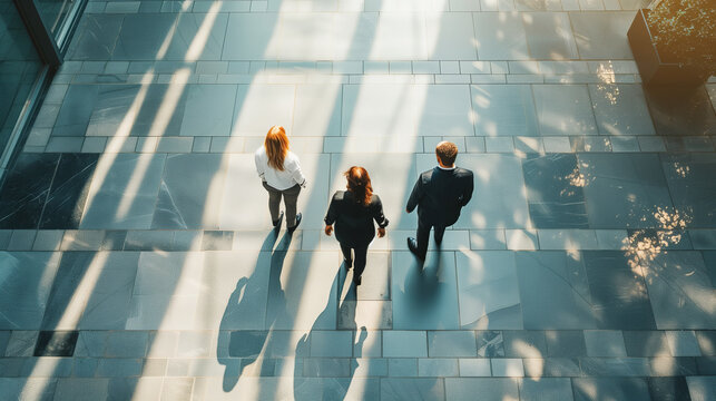Top view of three business professionals walking in a modern office environment