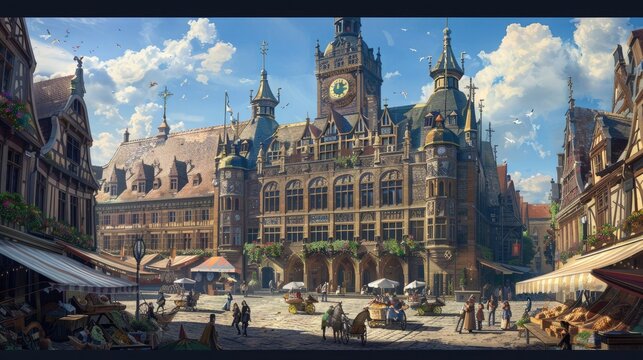 A medieval town hall with a clock tower and ornate gables, surrounded by a cobblestone square bustling with market stalls and street performers.