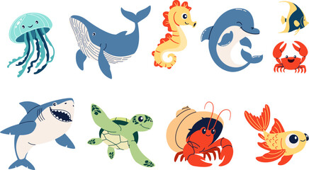Set of flat vector illustrations on the theme of marine inhabitants. Cute shark crab crayfish hermit jellyfish turtle seahorse dolphin fish . Vector illustration