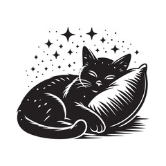 A Cat Sleeping with Pillow vector. Sleeping cat. Silhouettes of black cats. Vector illustration