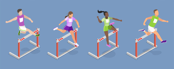 3D Isometric Flat Vector Illustration of Running With Barrier