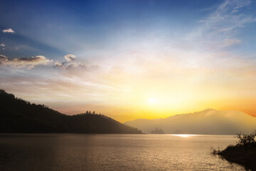 blue sky and yellow sunlight in sunrise