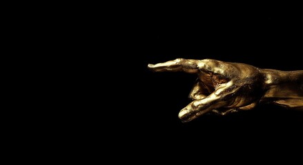 Obraz premium A gold hand raises its finger from the side against a black background