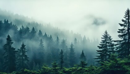 Naklejka premium The image captures a serene scene of a forest shrouded in fog The forest, teeming with tall trees, stretches out into the distance