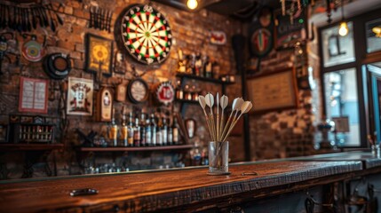 Obraz premium Darts and dartboard in a bar setting, showcasing skill and accuracy in a relaxed environment