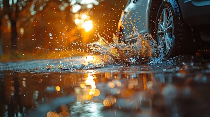  Car driving on a flooded road covered with pouring rain water 