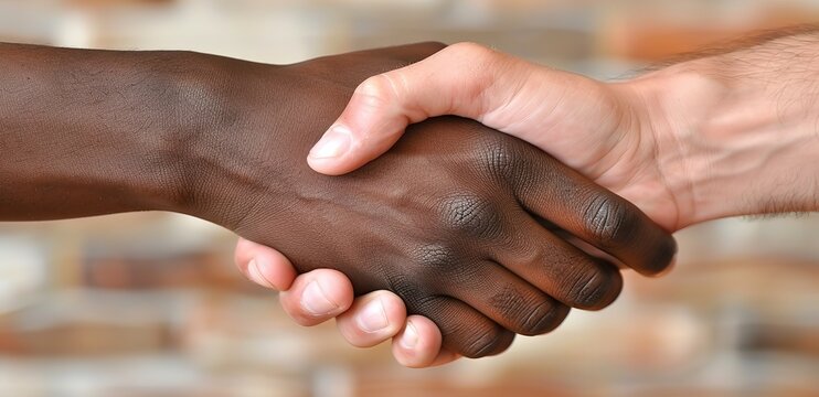 Two hands with different skin tones are shaking hands with a blurred background - Powered by Adobe