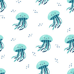 Seamless vector pattern. Cute jellyfish with a smiling face. Cute pattern for children's products on white background . Vector illustration