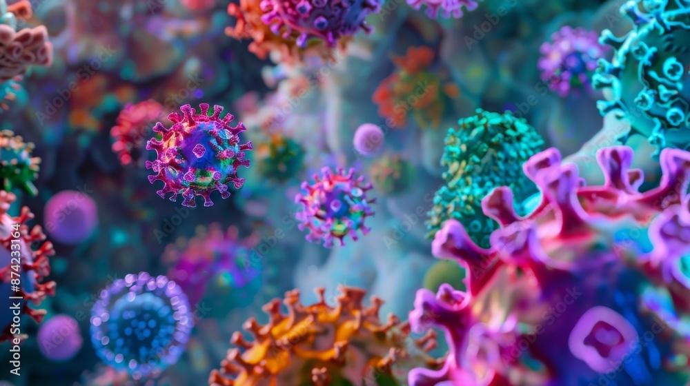 Poster a close-up of colorful virus particles, floating in a blue and purple background.