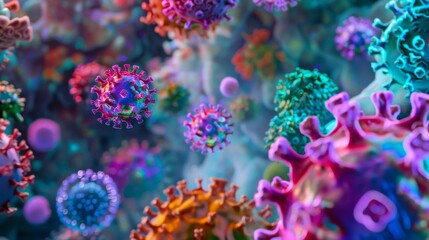 Fototapeta premium A close-up of colorful virus particles, floating in a blue and purple background.